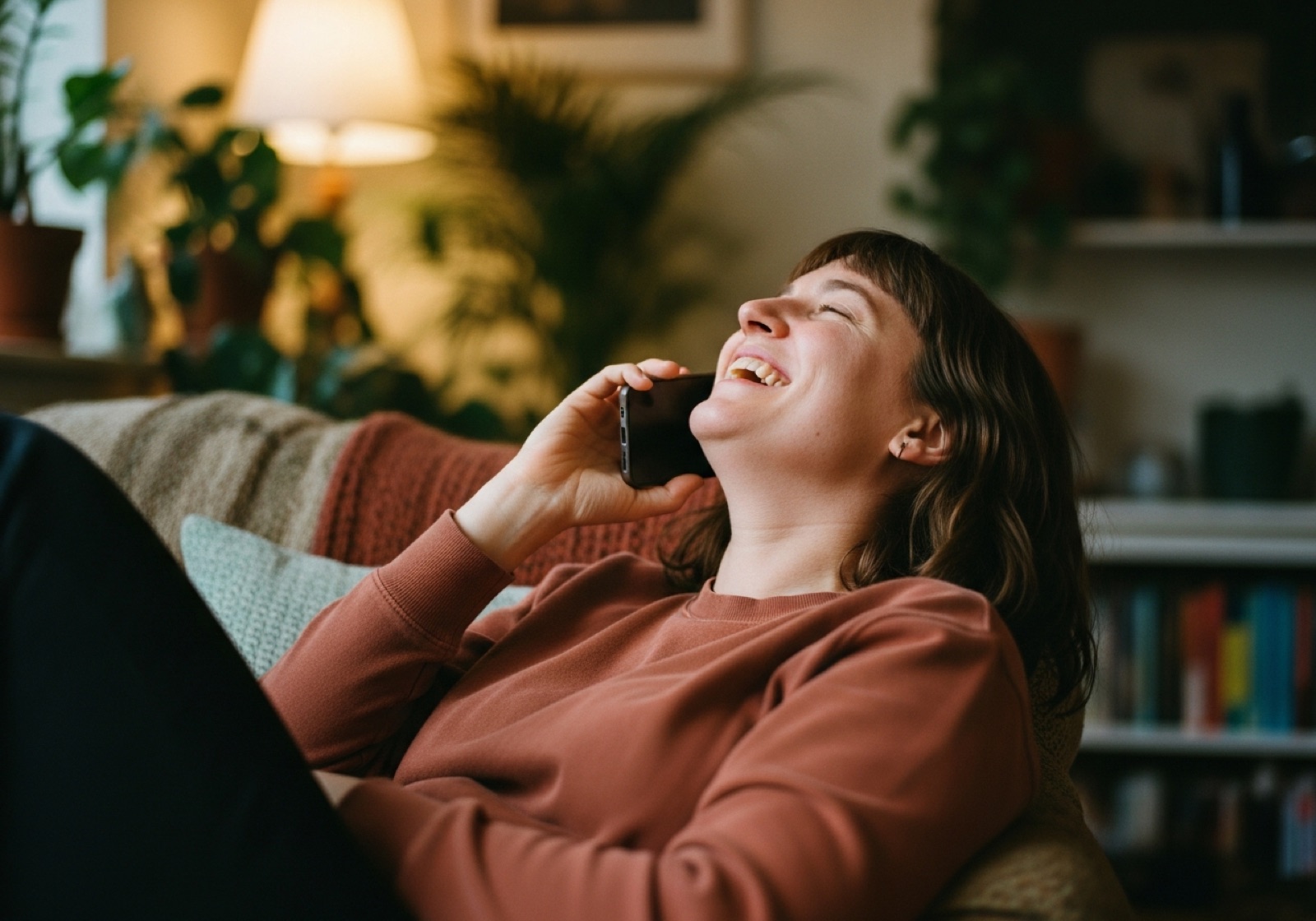 A person laughing on the phone at home